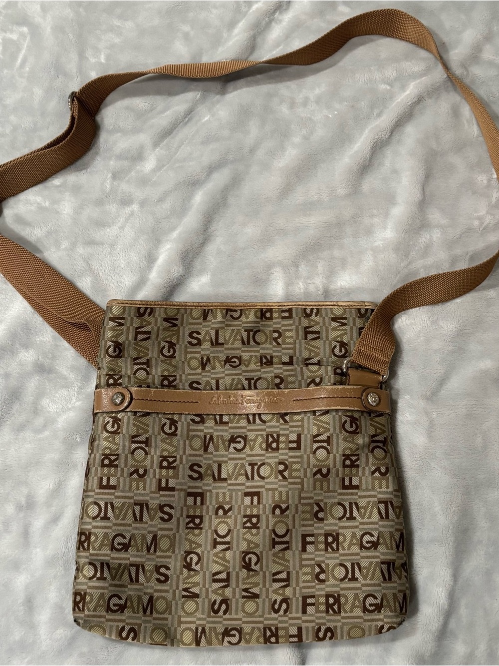 Salvatore Ferragamo Beige and Brown Monogram Crossbody Shoulder Bag
